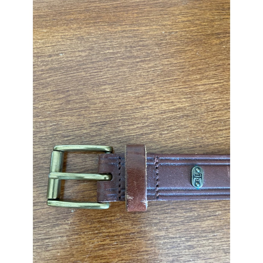 Lauren Ralph Lauren Brown Italian Leather Belt Brass Buckle LRL Logo Cognac L - Picture 9 of 12